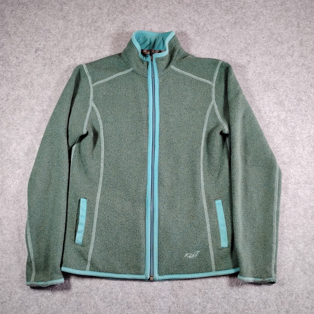 Kuhl Womens Full Zip Fleece Jacket Green Teal Thumbholes Size Small Mock Neck